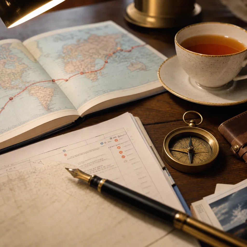 A travel planner's desk close-up — an open atlas, a printed itinerary, a fountain pen and a cup of tea under a warm desk lamp.
