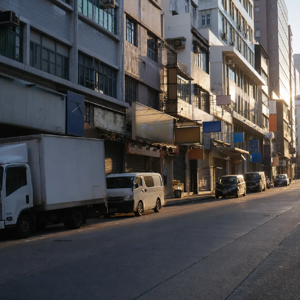 A San Po Kong industrial street in Kowloon in the late afternoon, low sun on the tiled façades and shop signage of Tai Yau Street.