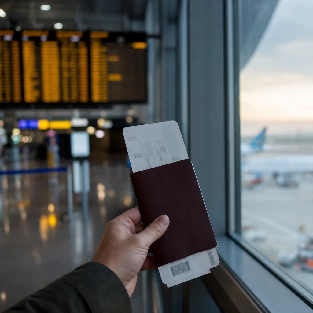 An airport departures board glowing with destinations, softly out of focus, with a traveller's hand holding a boarding pass in the foreground.