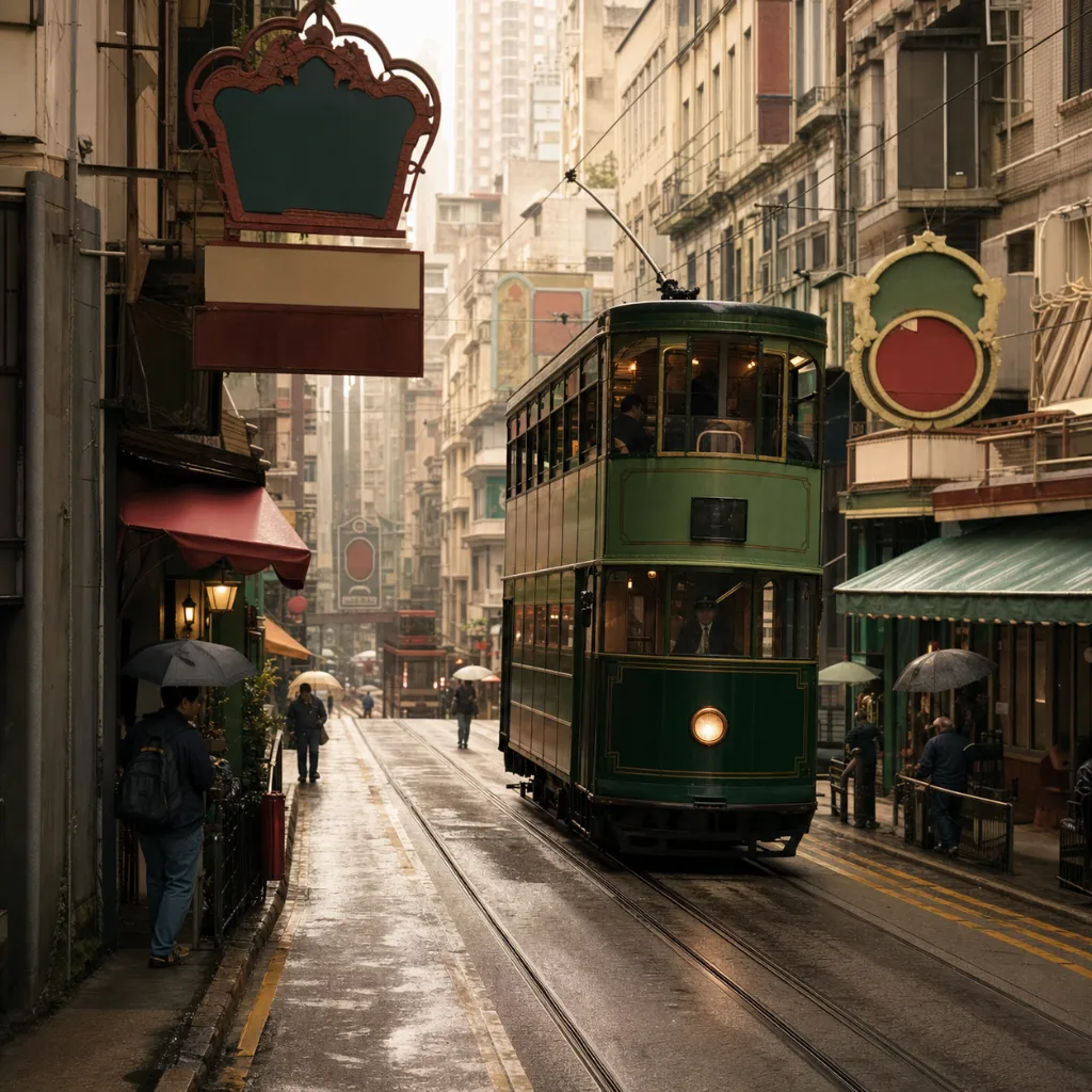 A vintage double-deck tram climbing a Hong Kong street lined with neon signs and shophouses under soft morning light.