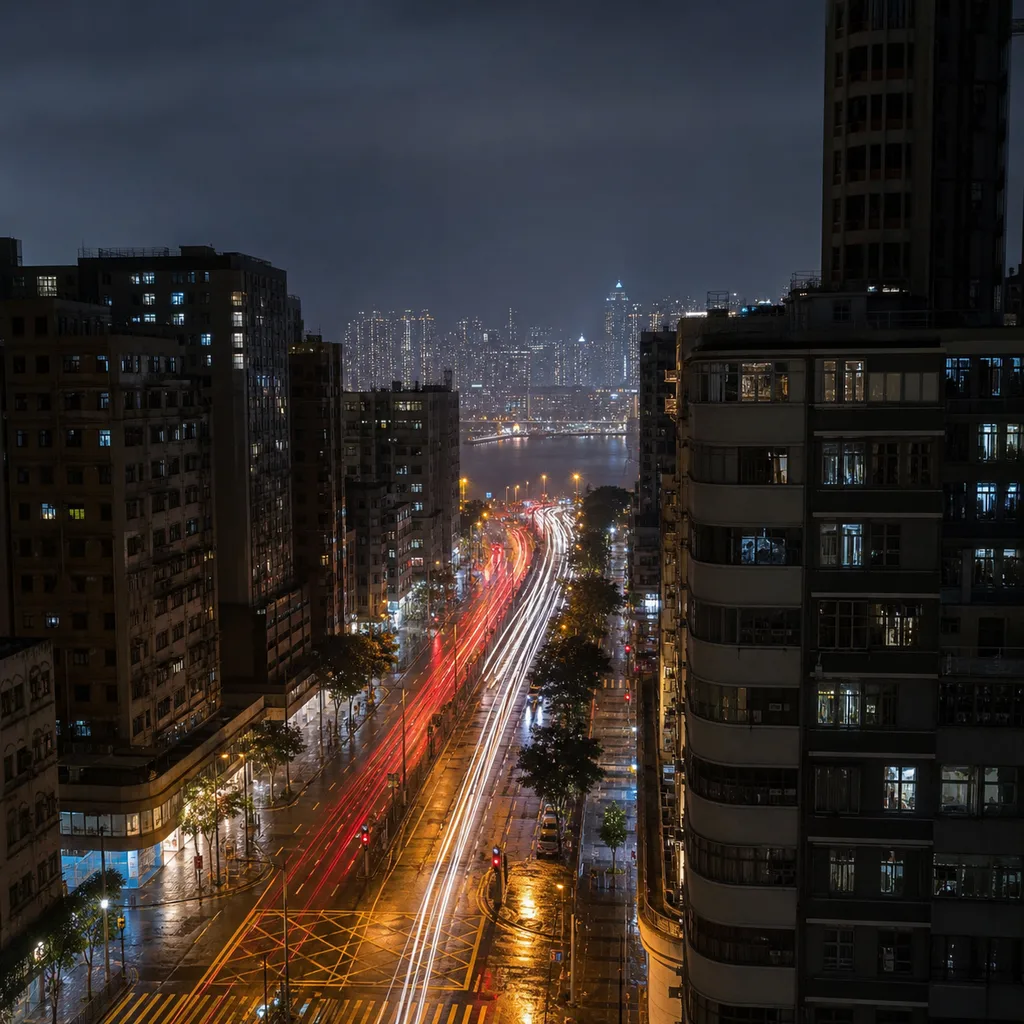 Hong Kong's Kowloon streets at night from above, threads of traffic light and glowing signage stretching toward the harbour.