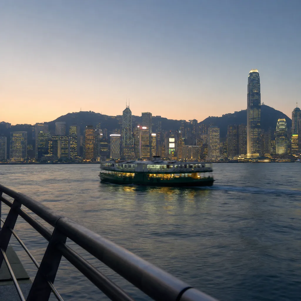 Victoria Harbour at dusk, the Hong Kong skyline glowing across the water as a Star Ferry crosses.
