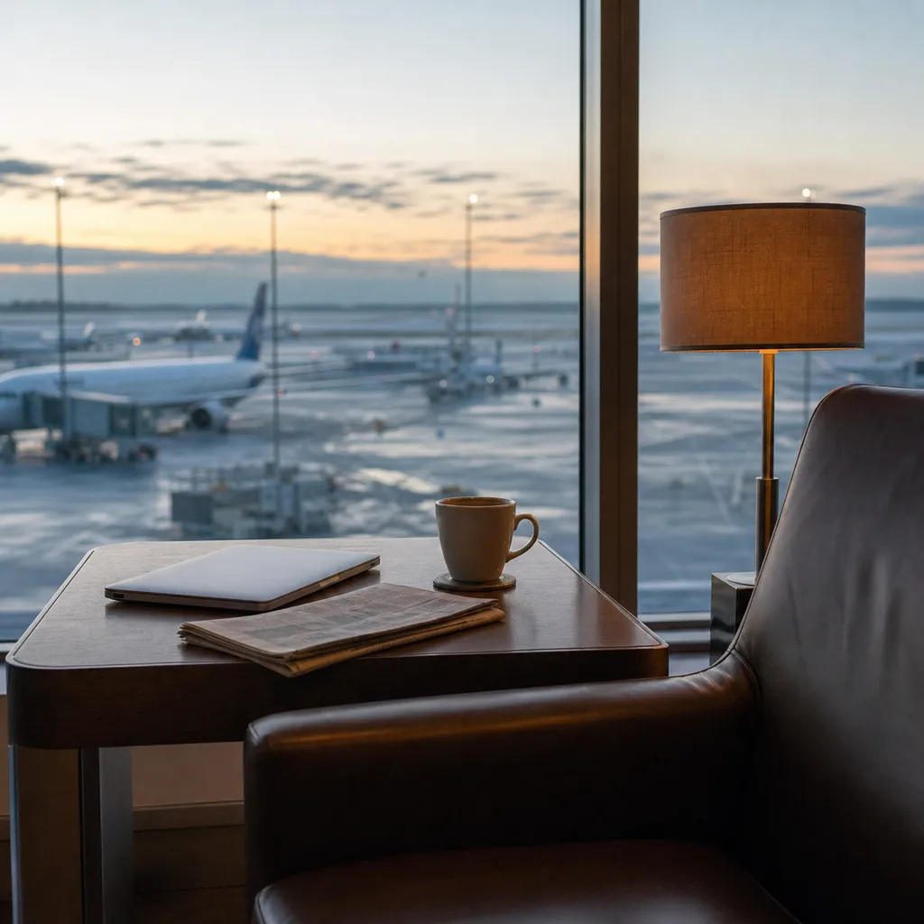 Quiet airport lounge at dawn with leather seating, a coffee cup and a laptop beside a floor-to-ceiling window over the apron.