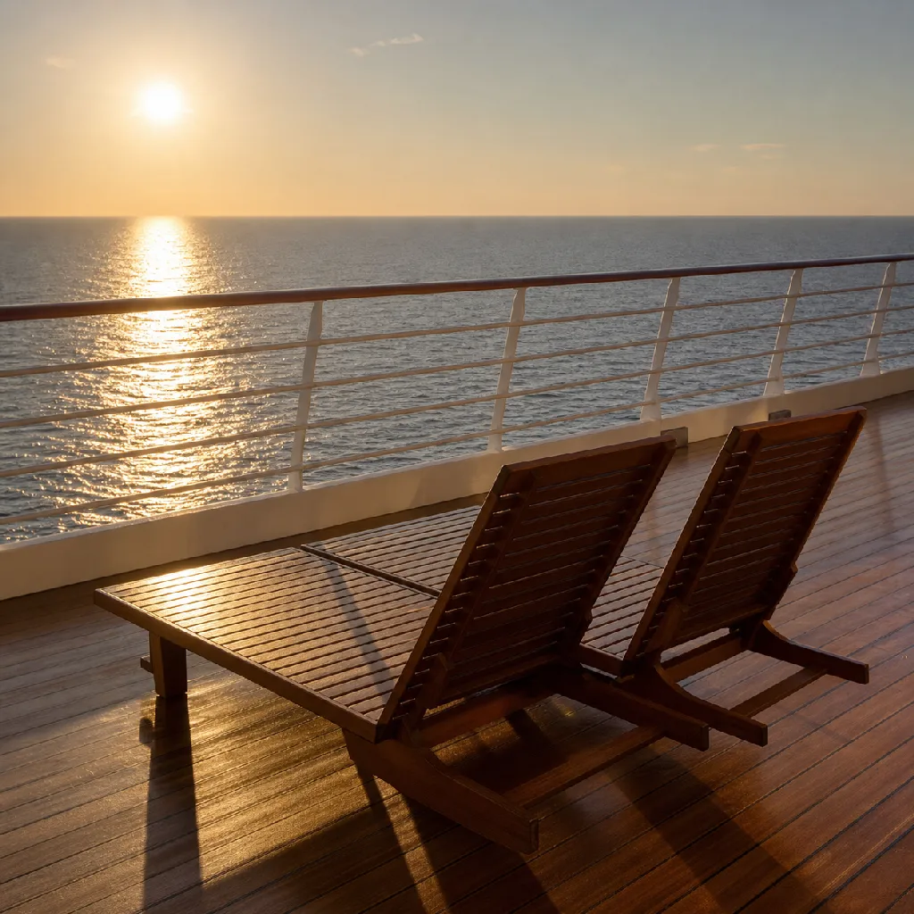 Teak deck and white railing of a cruise ship at sea, low sun laying a gold path across a calm ocean.