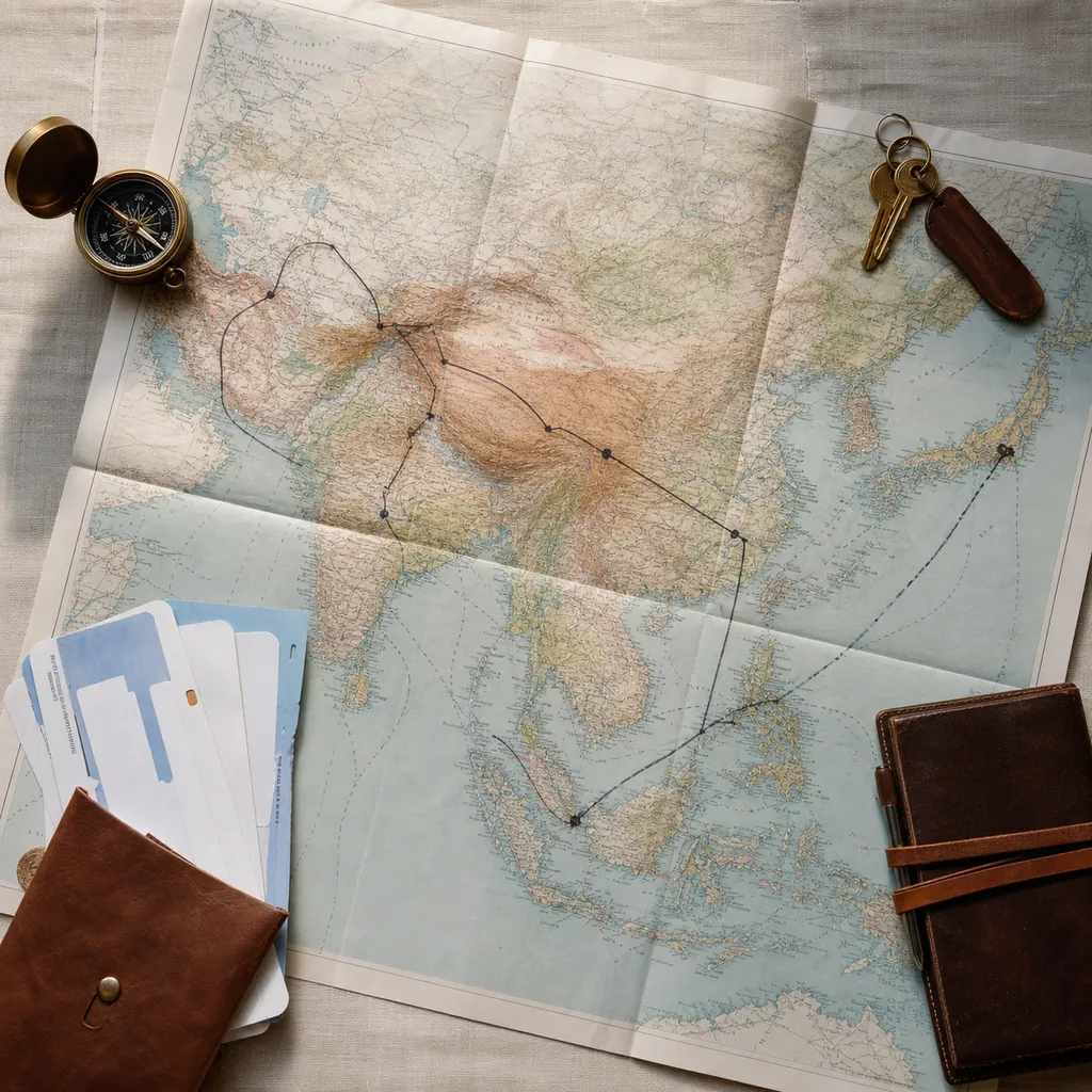 An overhead view of a planning table with a large paper map, marked routes, boarding passes and a compass laid across Asia.